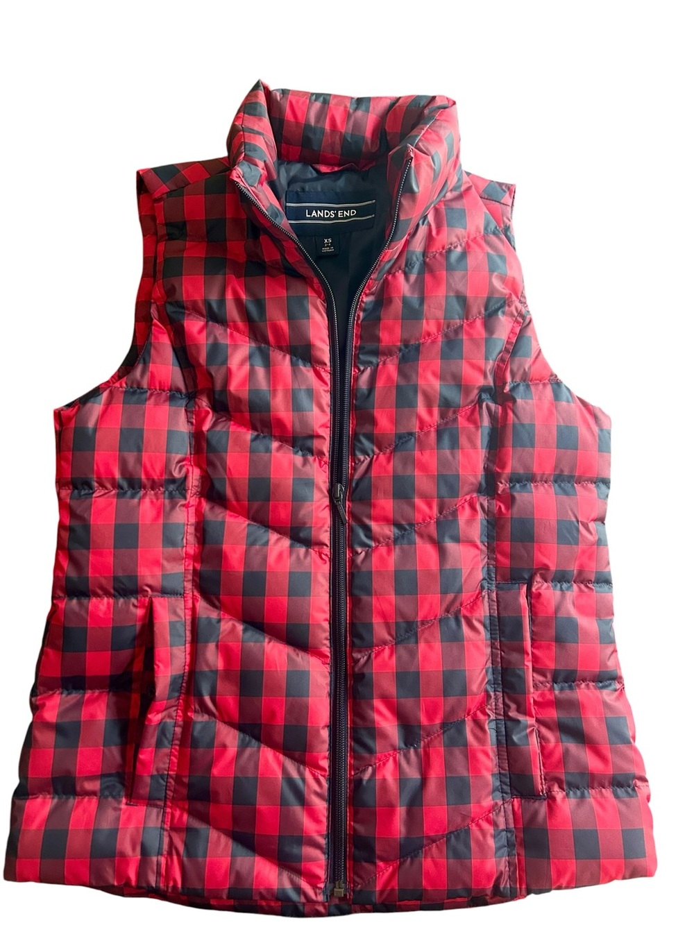 Lands' End Down Dark Navy and Red Buffalo Check Puffer Vest NWOT Size XS